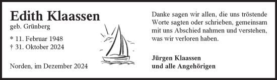 Traueranzeige von Edith Klaassen von Ostfriesischer Kurier