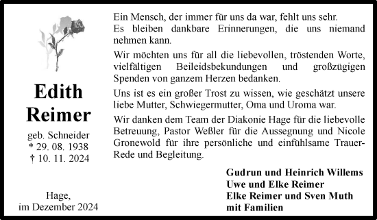 Traueranzeige von Edith Reimer von Ostfriesischer Kurier