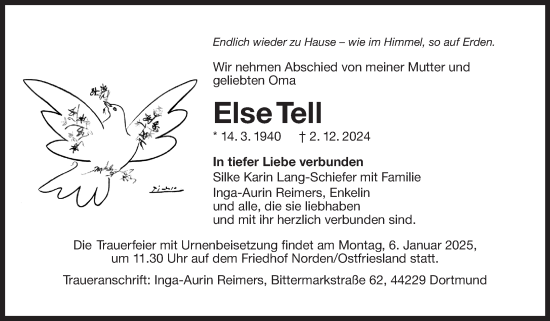 Traueranzeige von Else Tell von Ostfriesischer Kurier