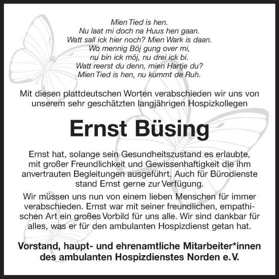Traueranzeige von Ernst Büsing von Ostfriesischer Kurier
