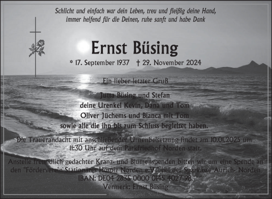 Traueranzeige von Ernst Büsing von Ostfriesischer Kurier