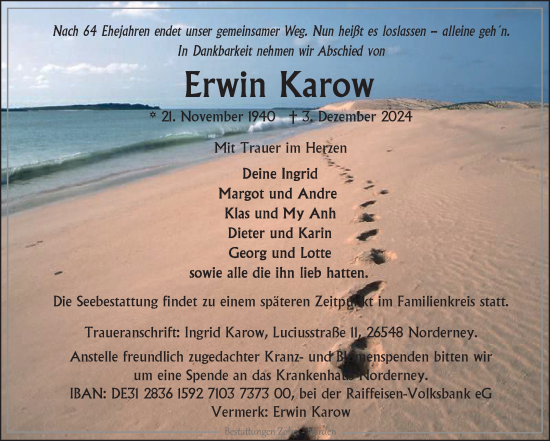Traueranzeige von Erwin Karow von Ostfriesischer Kurier