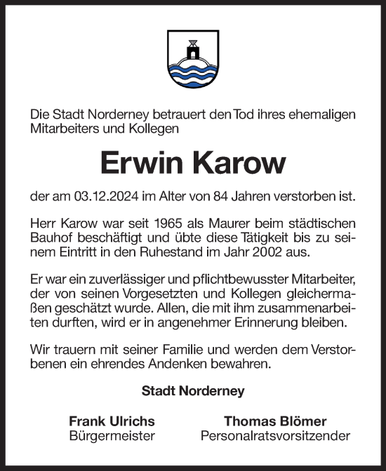 Traueranzeige von Erwin Karow von Ostfriesischer Kurier
