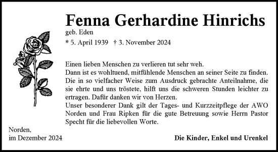 Traueranzeige von Fenna Gerhardine Hinrichs von Ostfriesischer Kurier