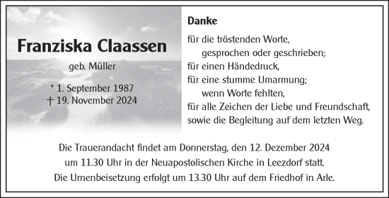 Traueranzeige von Franziska Claassen von Ostfriesischer Kurier