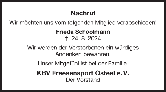 Traueranzeige von Frieda Schoolmann von Ostfriesischer Kurier