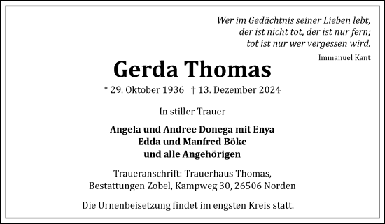 Traueranzeige von Gerda Thomas von Ostfriesischer Kurier