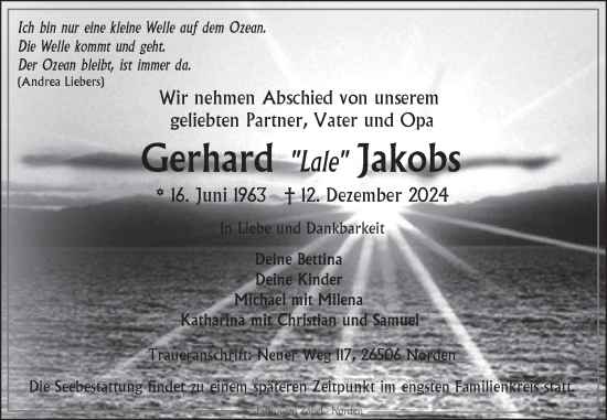 Traueranzeige von Gerhard Jakobs von Ostfriesischer Kurier
