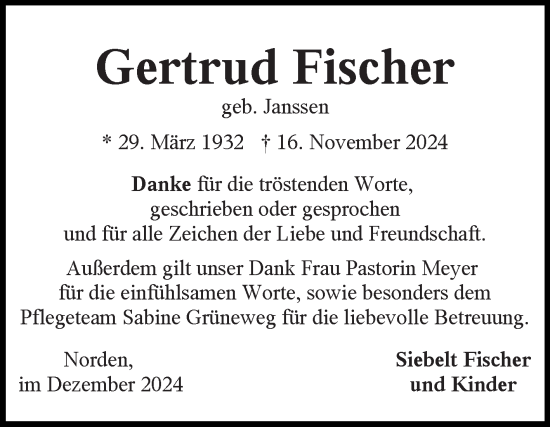 Traueranzeige von Gertrud Fischer von Ostfriesischer Kurier