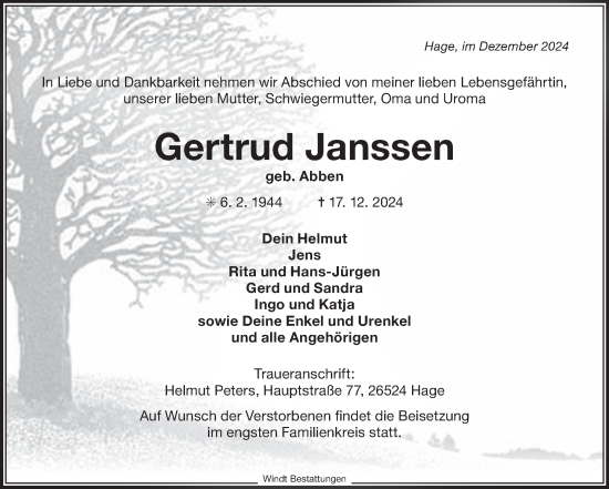 Traueranzeige von Gertrud Janssen von Ostfriesischer Kurier