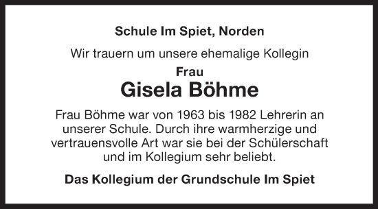 Traueranzeige von Gisela Böhme von Ostfriesischer Kurier