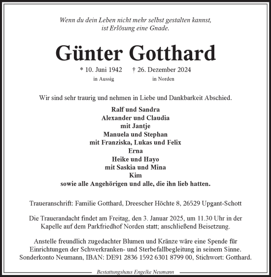 Traueranzeige von Günter Gotthard von Ostfriesischer Kurier