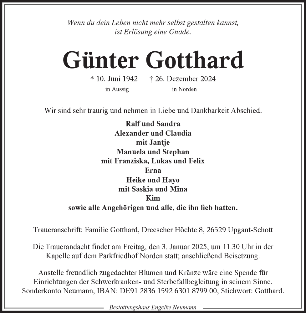  Traueranzeige für Günter Gotthard vom 28.12.2024 aus Ostfriesischer Kurier