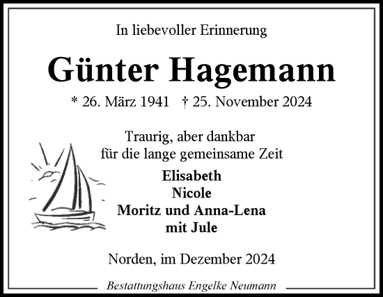 Traueranzeige von Günter Hagemann von Ostfriesischer Kurier