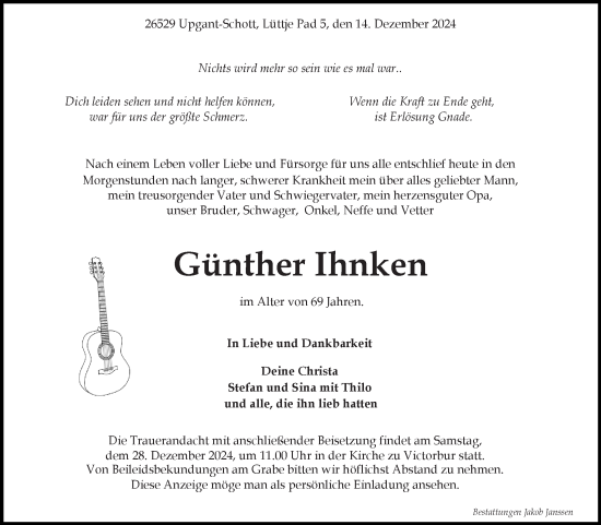 Traueranzeige von Günther Ihnken von Ostfriesischer Kurier