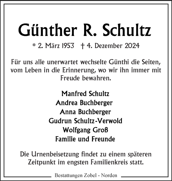 Traueranzeige von Günther Schultz von Ostfriesischer Kurier