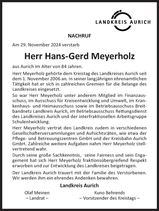 Traueranzeige von Hans-Gerd Meyerholz von Ostfriesischer Kurier