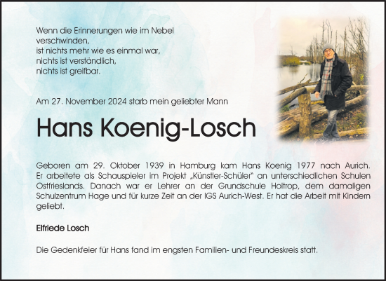 Traueranzeige von Hans Koenig-Losch von Ostfriesischer Kurier