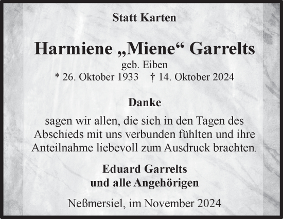 Traueranzeige von Harmiene Garrelts von Ostfriesischer Kurier