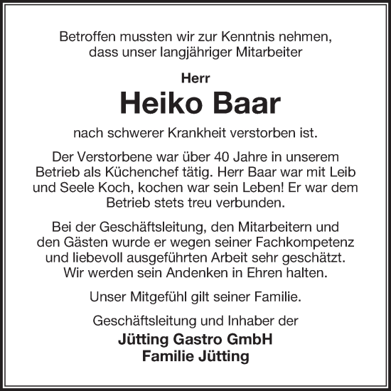 Traueranzeige von Heiko Baar von Ostfriesischer Kurier