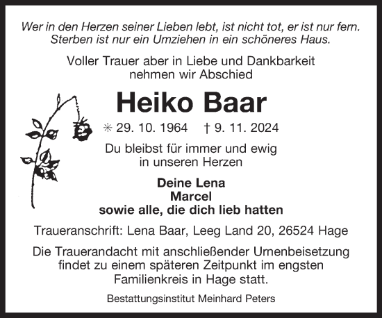Traueranzeige von Heiko Baar von Ostfriesischer Kurier