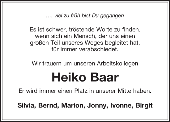 Traueranzeige von Heiko Baar von Ostfriesischer Kurier