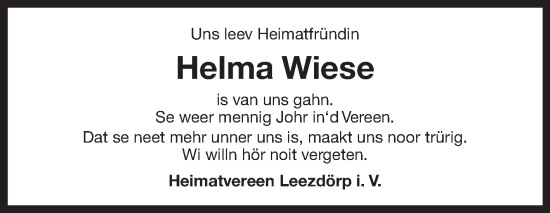 Traueranzeige von Helma Wiese von Ostfriesischer Kurier