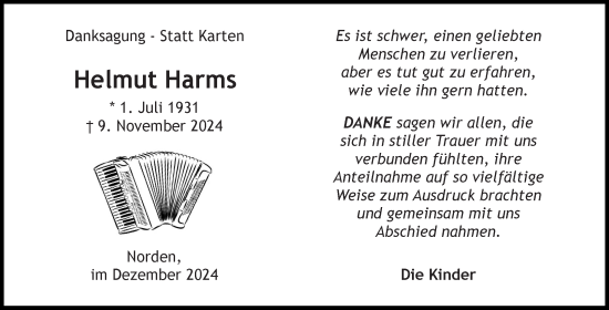 Traueranzeige von Helmut Harms von Ostfriesischer Kurier