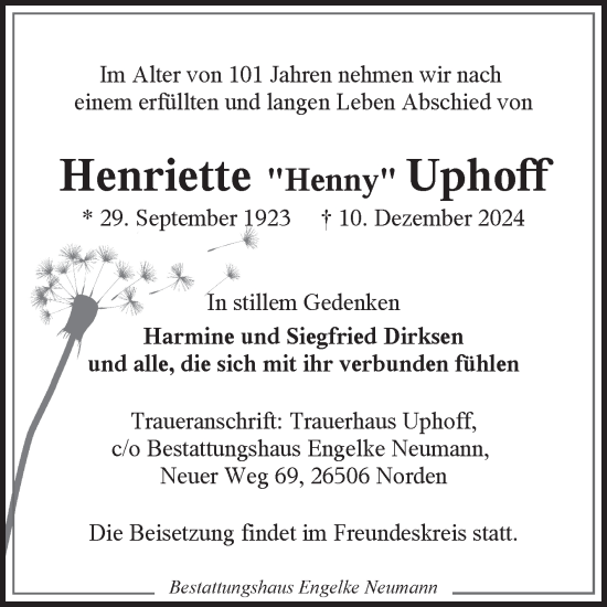 Traueranzeige von Henriette  Uphoff von Ostfriesischer Kurier
