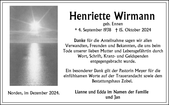Traueranzeige von Henriette Wirmann von Ostfriesischer Kurier