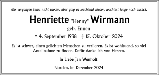 Traueranzeige von Henriette Wirmann von Ostfriesischer Kurier