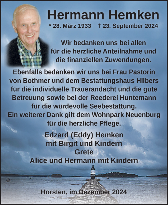 Traueranzeige von Hermann Hemken von Ostfriesischer Kurier