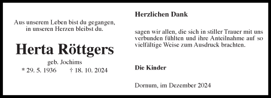 Traueranzeige von Herta Röttgers von Ostfriesischer Kurier