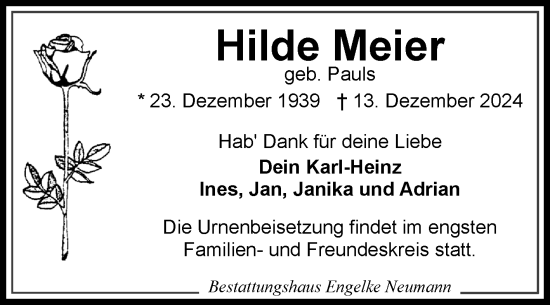 Traueranzeige von Hilde Meier von Ostfriesischer Kurier