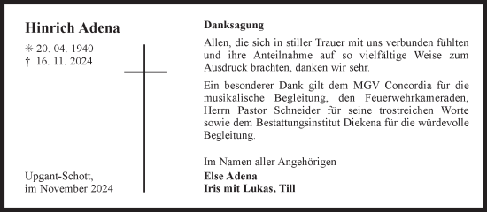 Traueranzeige von Hinrich Adena von Ostfriesischer Kurier