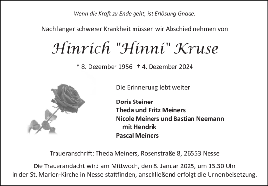 Traueranzeige von Hinrich Kruse von Ostfriesischer Kurier