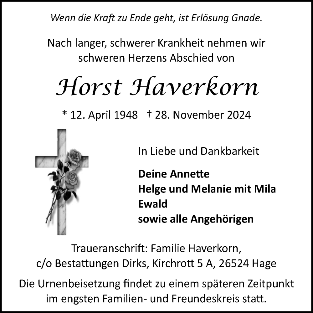  Traueranzeige für Horst Haverkorn vom 07.12.2024 aus Ostfriesischer Kurier