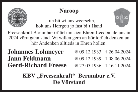 Traueranzeige von Im Gedenken KBV „Freesenkraft“ Berumbur e.V. von Ostfriesischer Kurier