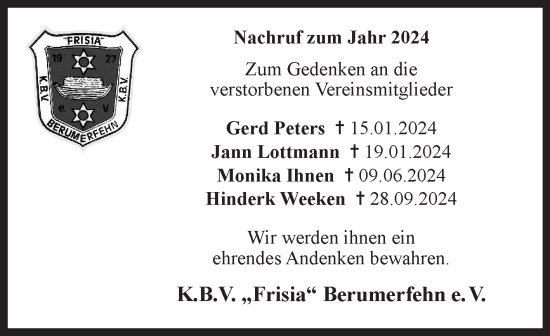 Traueranzeige von In Gedenken  von Ostfriesischer Kurier