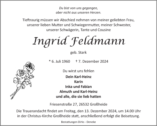 Traueranzeige von Ingrid Feldmann von Ostfriesischer Kurier