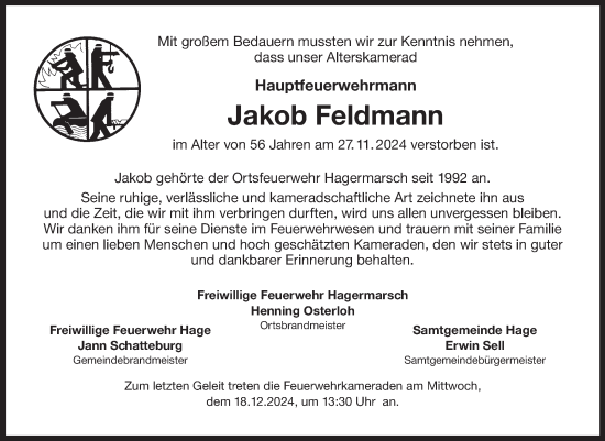 Traueranzeige von Jakob Feldmann von Ostfriesischer Kurier