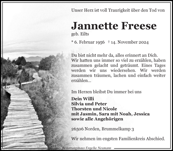 Traueranzeige von Jannette Freese von Ostfriesischer Kurier