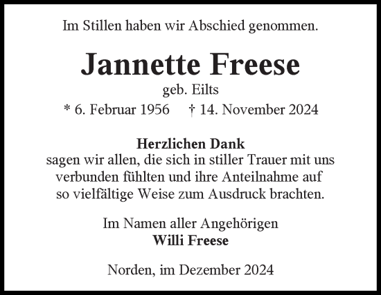 Traueranzeige von Jannette Freese von Ostfriesischer Kurier