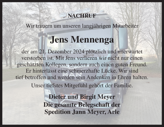 Traueranzeige von Jens Mennenga von Ostfriesischer Kurier