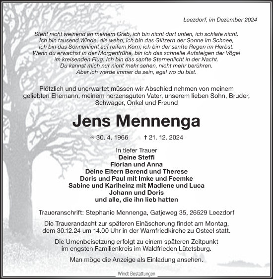 Traueranzeige von Jens Mennenga von Ostfriesischer Kurier