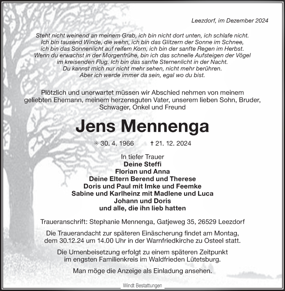  Traueranzeige für Jens Mennenga vom 24.12.2024 aus Ostfriesischer Kurier