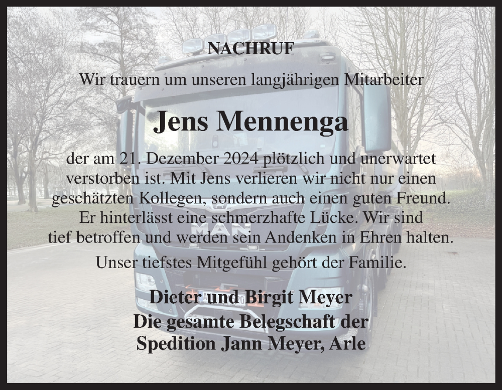  Traueranzeige für Jens Mennenga vom 28.12.2024 aus Ostfriesischer Kurier