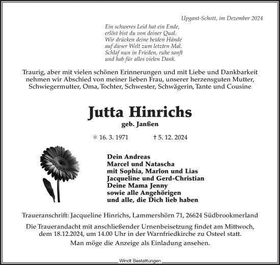 Traueranzeige von Jutta Hinrichs von Ostfriesischer Kurier