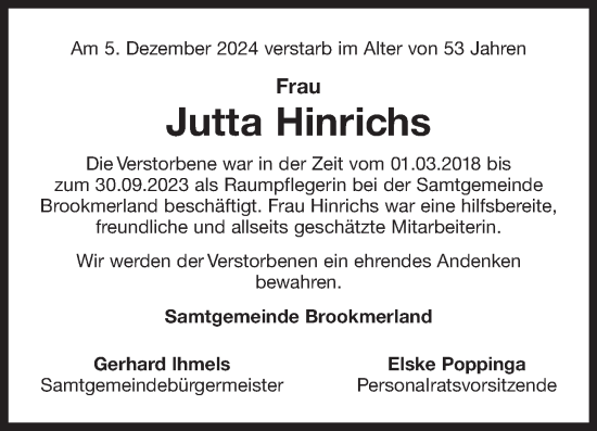 Traueranzeige von Jutta Hinrichs von Ostfriesischer Kurier
