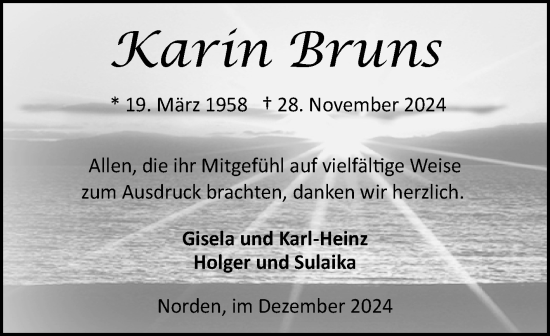 Traueranzeige von Karin Bruns von Ostfriesischer Kurier